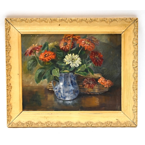 583 - British 20th Century School: M.P. Lewis - Vase of Flowers on a Table. Oil on canvas, signed and insc... 