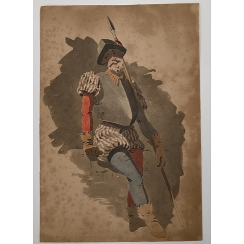 588 - French School, 19th Century - Don Quixote - Graphite heightened with red and yellow watercolour and ... 