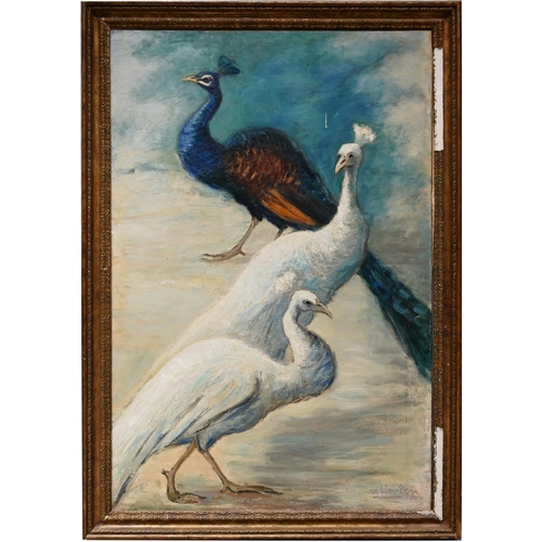 598 - Georges van Houten (1888–1964) - Peacocks. Oil on canvas, 129cm x 79.5cm, signed ‘v. Houten’ lower r... 