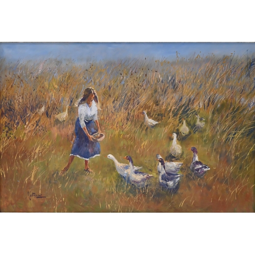 600 - Matt Bruce (1915-2000) - Young Woman feeding Geese in a Meadow, oil on canvas board, signed ‘MattBru... 