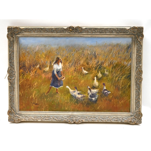 600 - Matt Bruce (1915-2000) - Young Woman feeding Geese in a Meadow, oil on canvas board, signed ‘MattBru... 