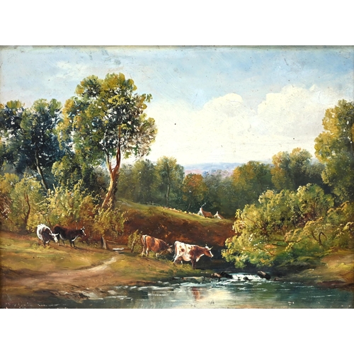 608 - English School, early 20th Century - Cattle by a River, with Cottages and a wooded Landscape Beyond.... 