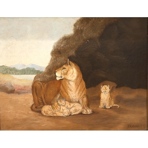 616 - Robert Dexter (19th to 20th century) - Lioness with cubs in a Landscape, oil on canvas, signed ‘R.A.... 