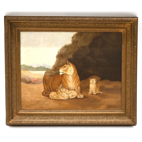 616 - Robert Dexter (19th to 20th century) - Lioness with cubs in a Landscape, oil on canvas, signed ‘R.A.... 