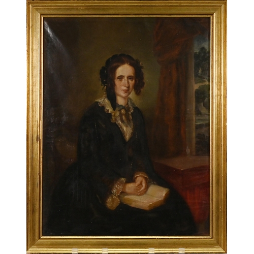 619A - British School, circa 1870: Portrait of a Woman dressed in a black dress and lace collar and sleeves... 