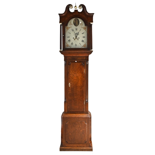 661 - An oak long case clock, circa 1800, with eight day movement, striking the hour to a bell. White dial... 