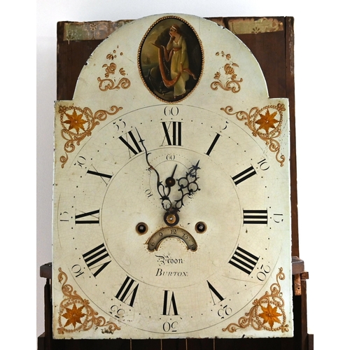 661 - An oak long case clock, circa 1800, with eight day movement, striking the hour to a bell. White dial... 