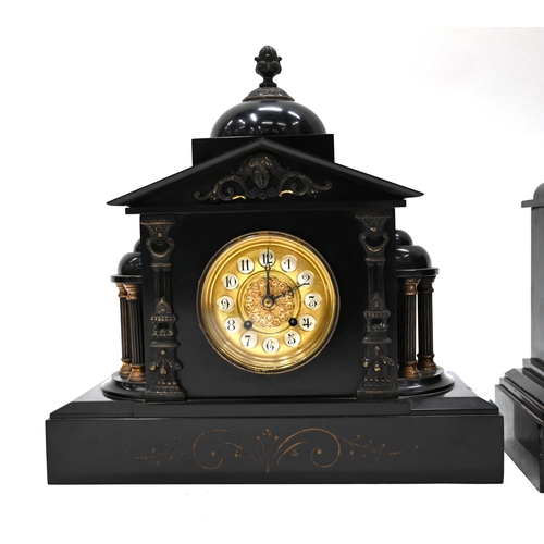 663 - Three 19th Century slate mantle clocks comprising: 1) A two-train French 8 day movement striking on ... 