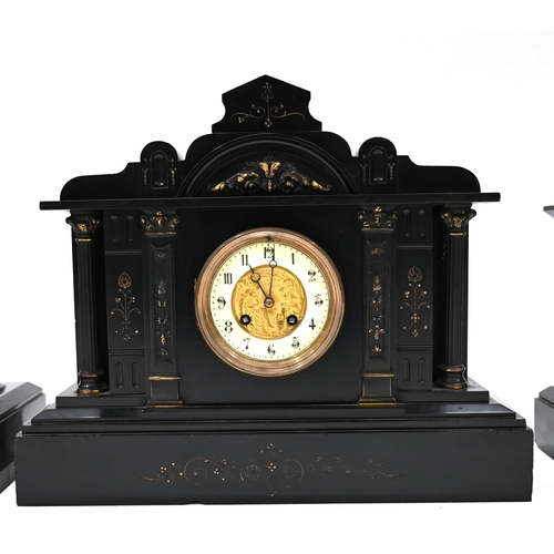 663 - Three 19th Century slate mantle clocks comprising: 1) A two-train French 8 day movement striking on ... 