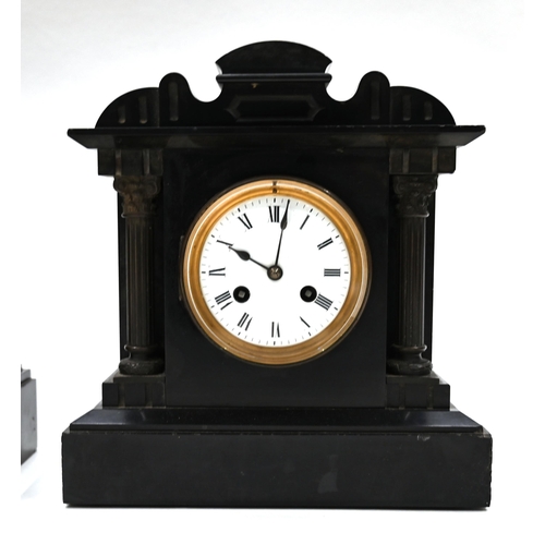 663 - Three 19th Century slate mantle clocks comprising: 1) A two-train French 8 day movement striking on ... 