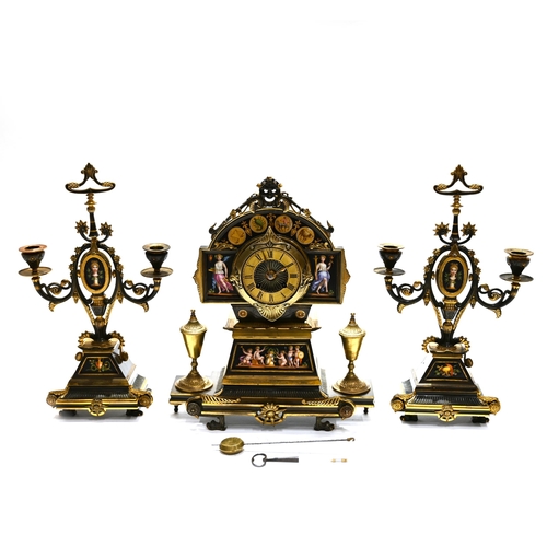 664 - A French Empire Clock and Garniture in bronze and ormolu with Sevres polychrome overglaze painted pl... 