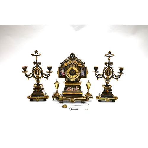 664 - A French Empire Clock and Garniture in bronze and ormolu with Sevres polychrome overglaze painted pl... 