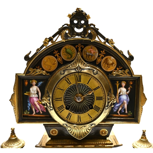 664 - A French Empire Clock and Garniture in bronze and ormolu with Sevres polychrome overglaze painted pl... 