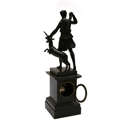 667 - French Empire mantle clock, circa 1810, in bronze with a figure of Diana the huntress and a stag. Th... 