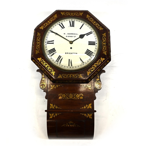 672 - A 19th Century eight day Fusee movement single train drop dial wall clock in an octagonal Rosewood c... 