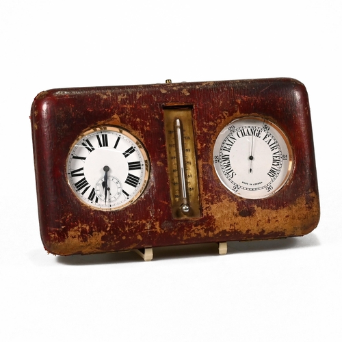 674 - A travelling desk set, comprising a Goliath watch, a similar barometer, in a leather case with a the... 