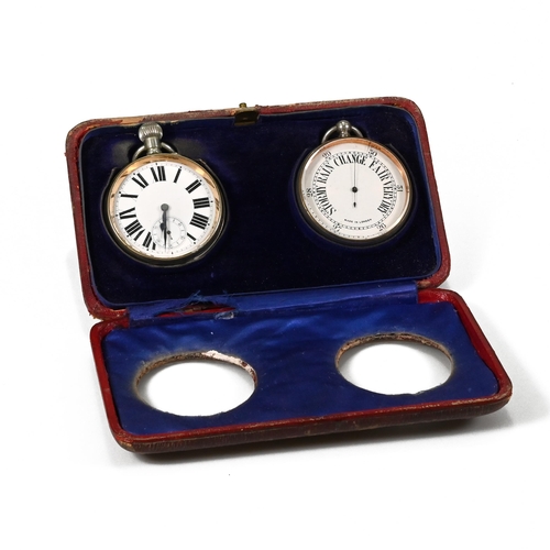 674 - A travelling desk set, comprising a Goliath watch, a similar barometer, in a leather case with a the... 