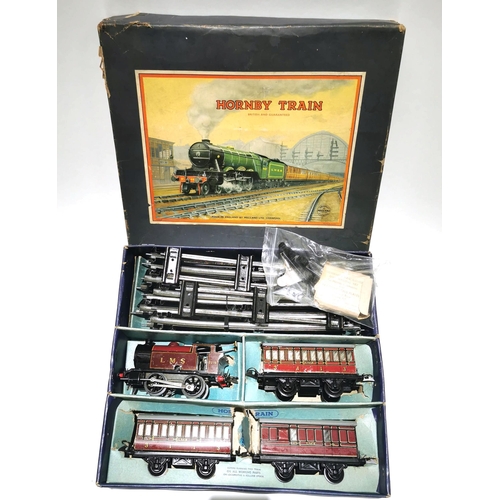 682 - Boxed O Gauge Hornby Tinplate No.101 Tank Passenger Train Set. LMS locomotive and three carriages wi... 