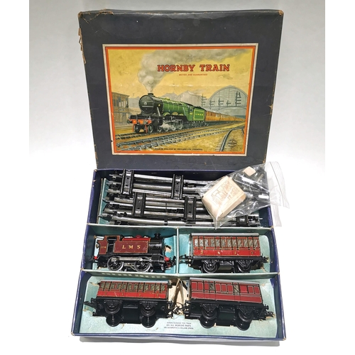 682 - Boxed O Gauge Hornby Tinplate No.101 Tank Passenger Train Set. LMS locomotive and three carriages wi... 