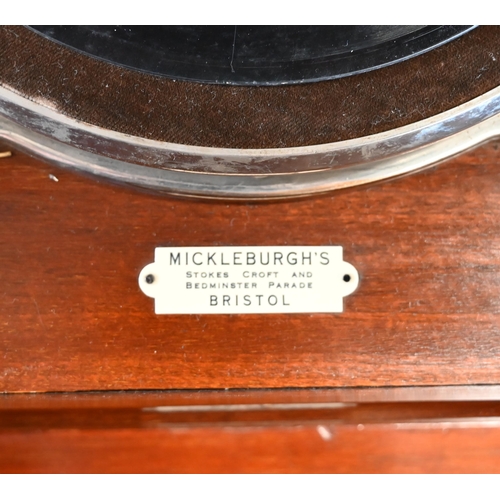 699 - 1930's cabinet gramophone by Mickelburgh, Bristol. Mahogany case with central fretwork horn cover fl... 