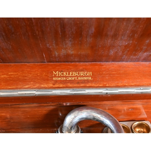 699 - 1930's cabinet gramophone by Mickelburgh, Bristol. Mahogany case with central fretwork horn cover fl... 