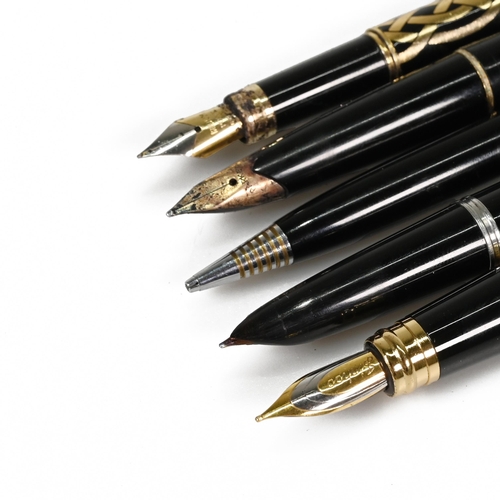 764 - A collection of five writing instruments including a Parker fountain pen with 14k gold nib, the top ... 