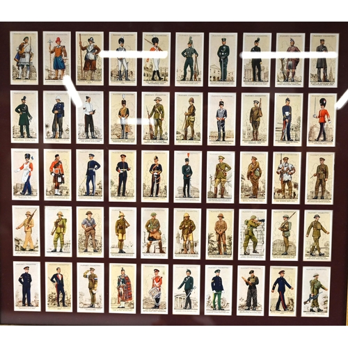 798 - Four frames sets of cigarette cards depicting military soldiers, all with glass backs. Frames 44.5cm... 