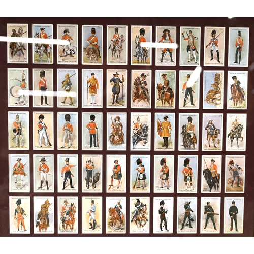 798 - Four frames sets of cigarette cards depicting military soldiers, all with glass backs. Frames 44.5cm... 