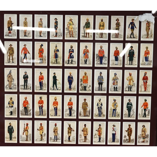 798 - Four frames sets of cigarette cards depicting military soldiers, all with glass backs. Frames 44.5cm... 