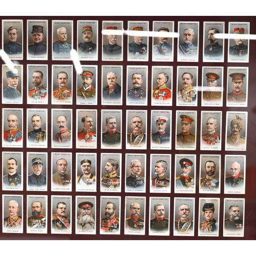 798 - Four frames sets of cigarette cards depicting military soldiers, all with glass backs. Frames 44.5cm... 