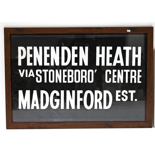 805 - Two framed mid-century bus route roll segments - Penenden Heath Centre & Tovil. Larger: W 99cm, H 68... 