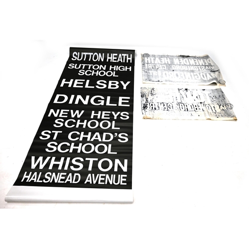 808 - Group of three (3) vintage bus route rolls. one larger on printed plastic, two singles printed on co... 