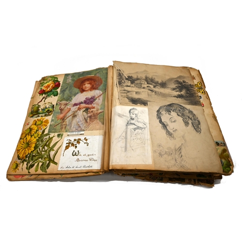 846 - A Victorian scrapbook of over 60 near folio sized leaves profusely decorated on both sides of each p... 