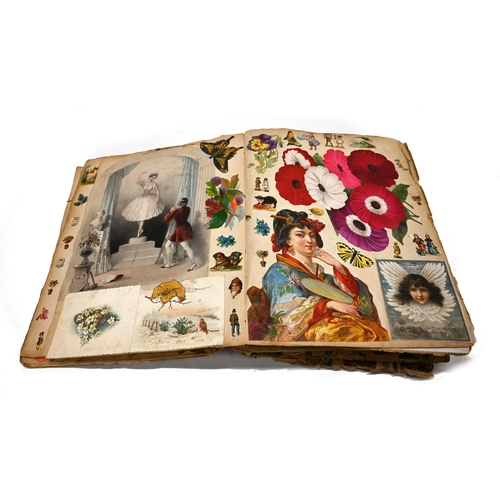 846 - A Victorian scrapbook of over 60 near folio sized leaves profusely decorated on both sides of each p... 