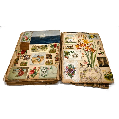 846 - A Victorian scrapbook of over 60 near folio sized leaves profusely decorated on both sides of each p... 