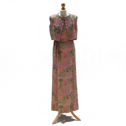 849 - Pierre Balmain  Florilege  dress and jacket a 1960s/70s pink and green floral dress, belt and matchi... 