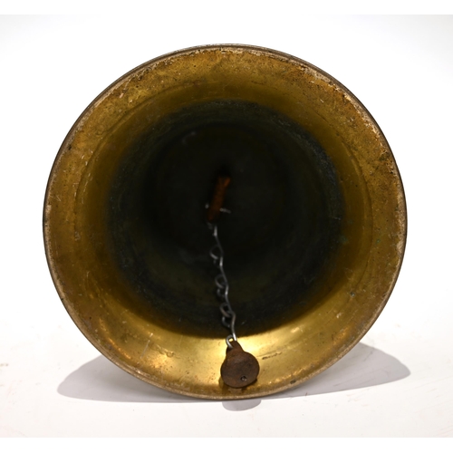 869 - A 10 inch diameter antique cast brass ship's bell. Marked A.C. Butler. Dimensions: 25.5cm diameter w... 