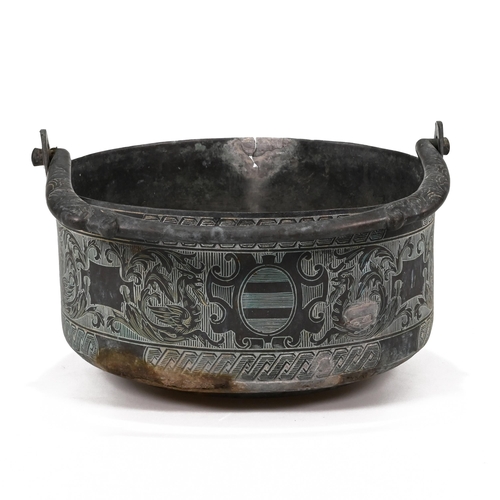 872 - A bronze or copper hanging pot with intricate chase-work design depicting dragons, dolphins, Celtic ... 