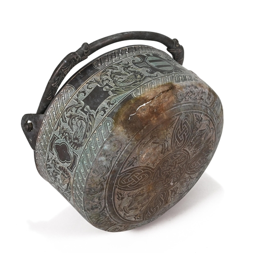 872 - A bronze or copper hanging pot with intricate chase-work design depicting dragons, dolphins, Celtic ... 