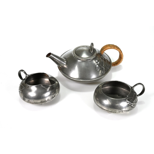 877 - Archibald Knox for Liberty & Co Pewter Tea Service comprising teapot, milk jug and sugar bowl in Art... 