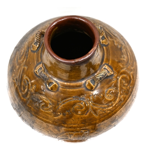 892 - A late 19th century Chinese martaban stoneware jar, set with four rope twist handles to the shoulder... 