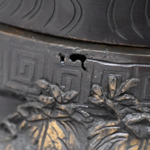 894 - A large pair of Japanese Meiji period bronze vases, each splitting in to three sections with the bas... 