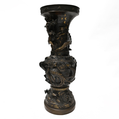 894 - A large pair of Japanese Meiji period bronze vases, each splitting in to three sections with the bas... 