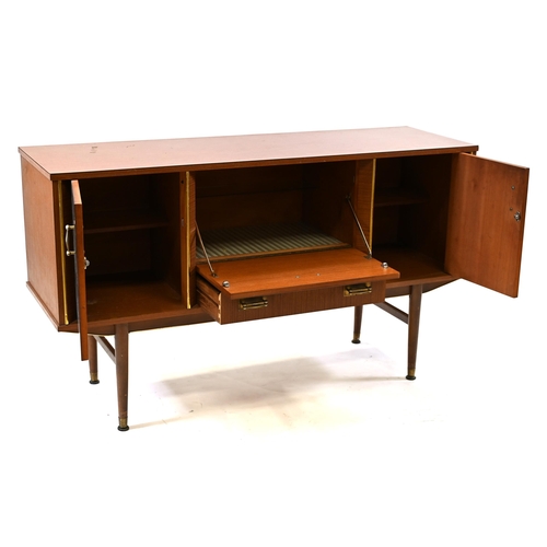 908 - A vintage Formica drinks cabinet sideboard on legs. Two outer cupboards with central drop down drink... 