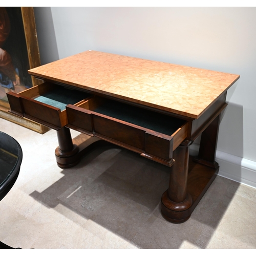 932 - A 19th Century (c1870s) Marble Top Console table with Mahogany base. Front pillar supports and two c... 