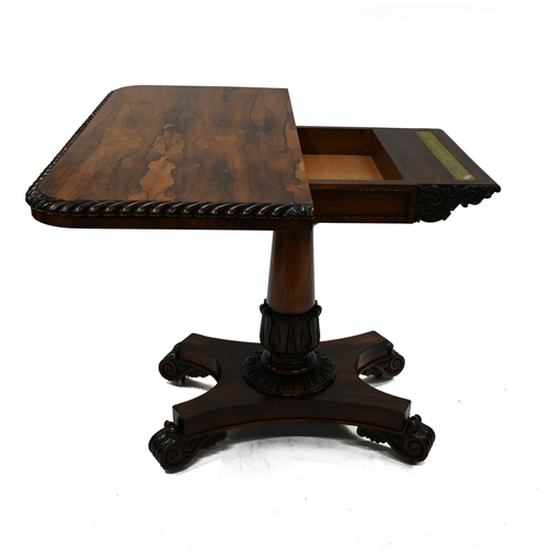 936 - A William IV rosewood folding card table with carved scrolled edge with acanthus leaf details to the... 