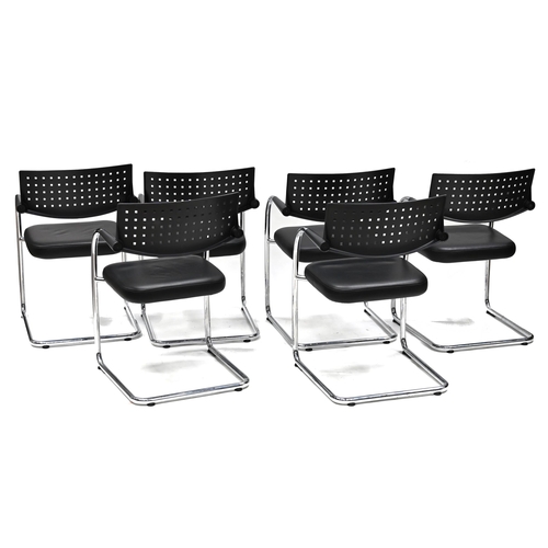 941 - Set of six (6) vintage Visavis meeting armchairs by Vitra. Chrome frame with black leather seat and ... 