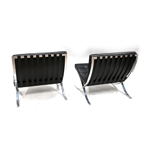 951 - Pair of pre 1996 Knoll Barcelona Lounge Chairs in black volo leather with Chrome frames. Designed by... 