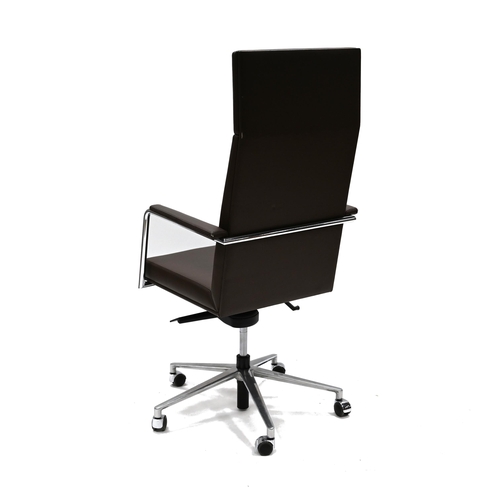 953 - Hands of Wycombe Donati high back executive office swivel chair. Chrome frame with brown leather. D ... 