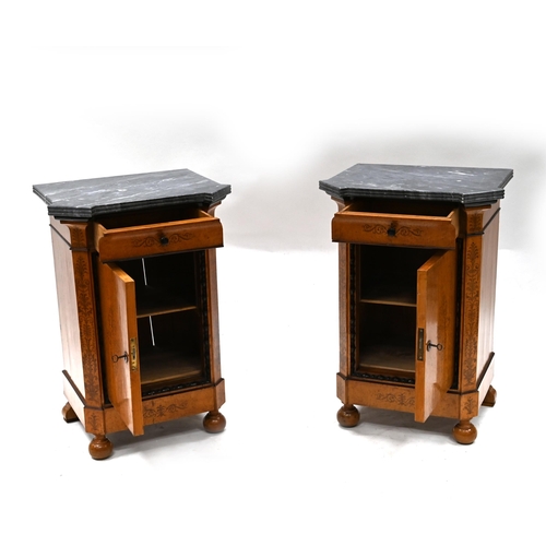 977 - Pair of Birdseye Maple bedside Cabinets c1870's. Inlaid decoration to the front and pillars, cupboar... 